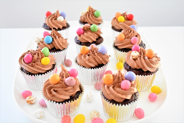 Delicious chocolate cupcakes topped with chocolate buttercream